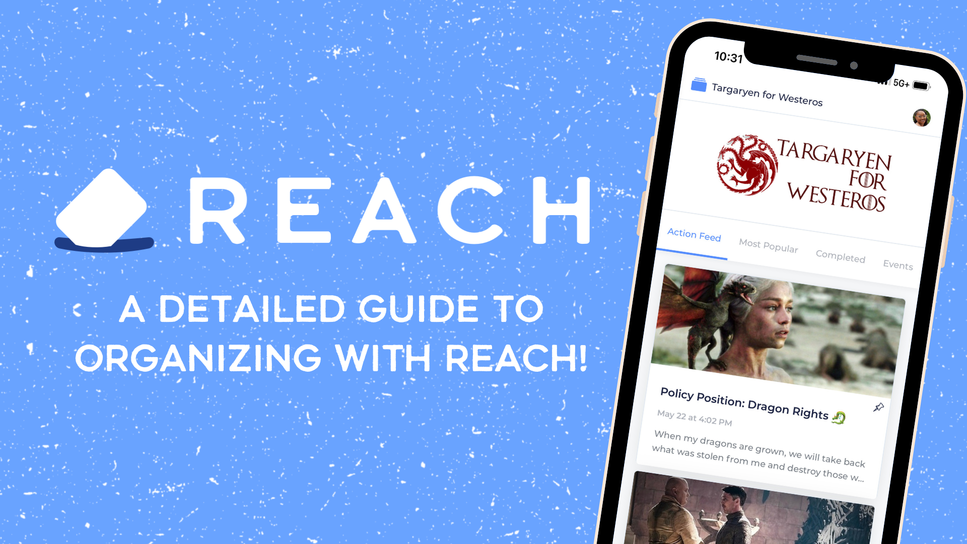 Reach Screen Preview with text: A Detailed Guide to Organizing with Reach