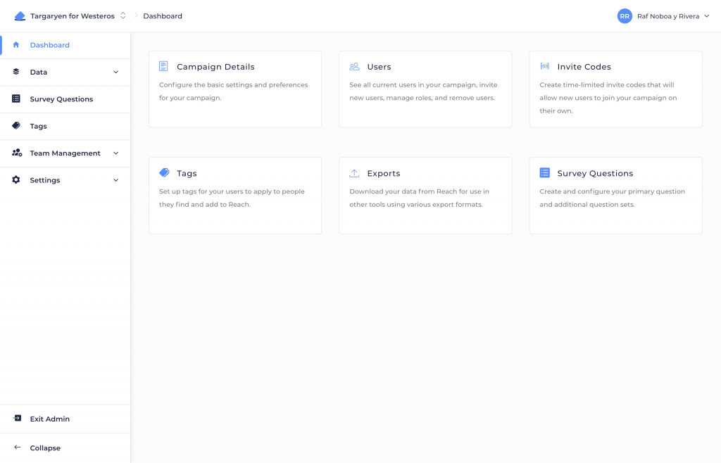 This is the main admin dashboard screen in the desktop version of Reach. Here you can access various functions in the app.