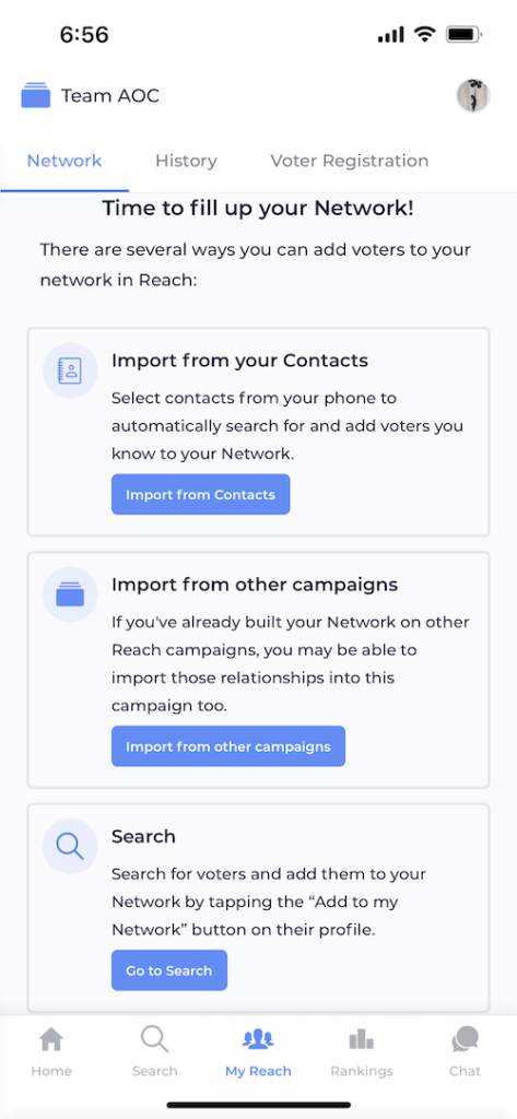 Screenshot of the empty Network Screen in Reach with options for Importing from Contacts, Importing from Other Campaigns, or Searching for voters