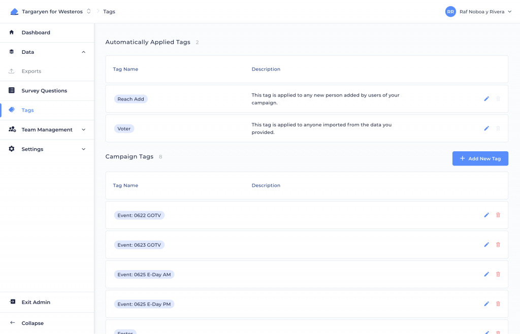 This is the "Tags" screen in the admin dashboard of the Reach desktop interface.