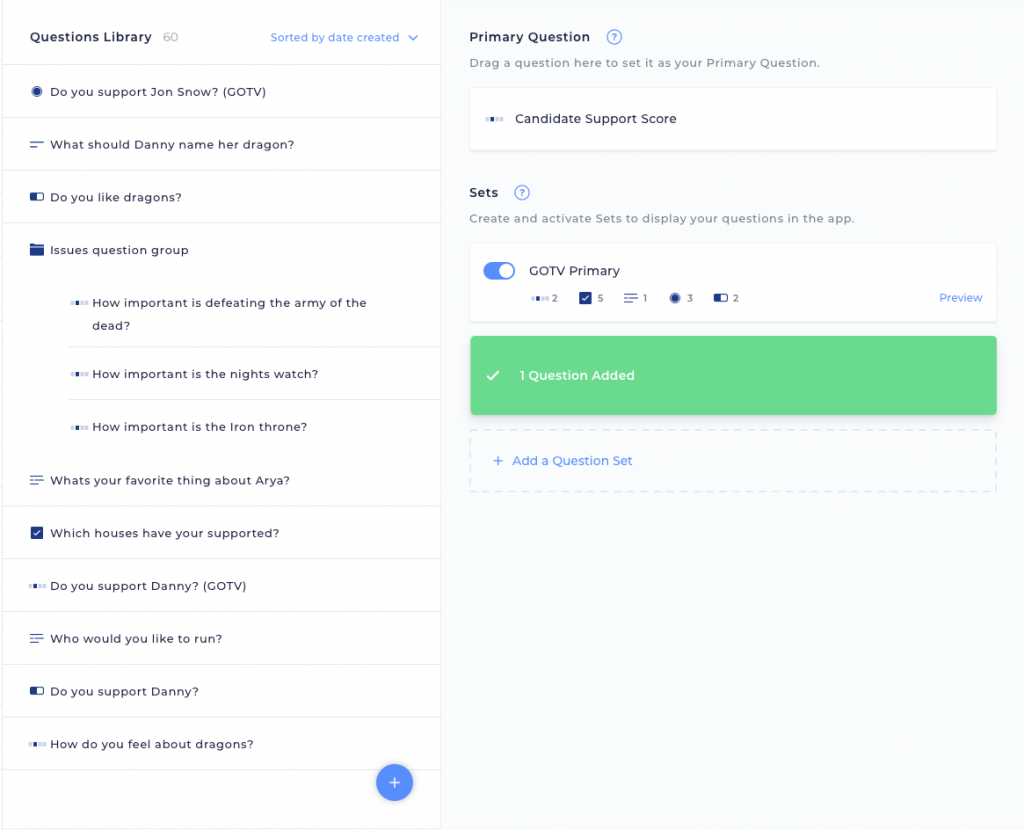 This image depicts how you add questions to a question set in Reach.